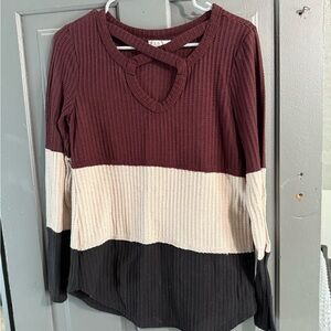 24/7 Maurice’s Women's Colorblock Waffle Knit Top - Burgundy, Cream, and Black